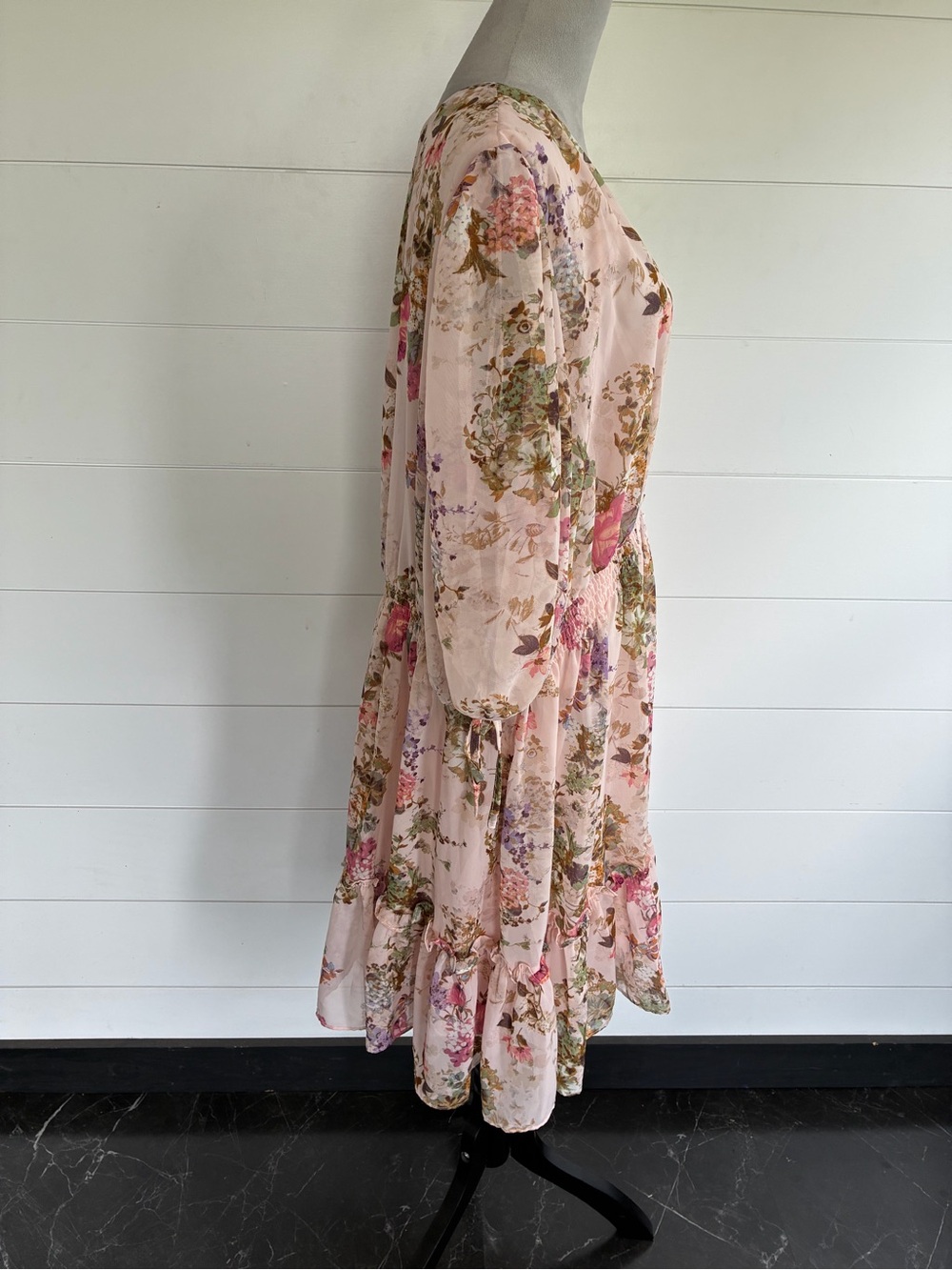 Taylor Floral Chiffon A-Line Dress 22W Pink Knee Length V-Neck Balloon Sleeve - Picture 8 of 11